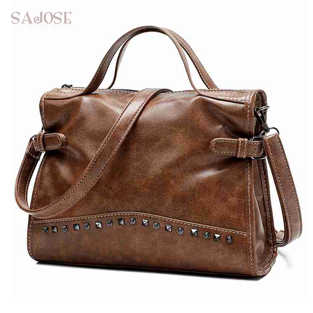 Vintage PU Leather Ladies Handbags Rivet Fashion Women Bags Shoulder Bag Motorcycle Messenger Bag Top-Handle Bag 
Vintage PU Leather Ladies Handbags Rivet Fashion Women Bags Shoulder Bag Motorcycle Messenger Bag Top-Handle Bag