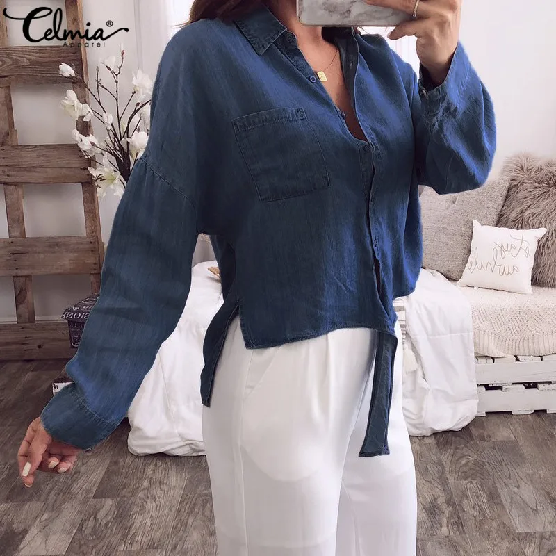 Celmia Women Denim Blouse Long Sleeve Button Shirt Loose Casual Sexy Top 2019 Asymmetric Knotted Blusas Chemise Mujer Plus Size
Celmia Women Denim Blouse Long Sleeve Button Shirt Loose Casual Sexy Top 2019 Asymmetric Knotted Blusas Chemise Mujer Plus Size