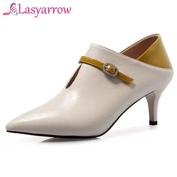 

Lasyarrow Fashion Buckle Shallow Pumps Sexy Pointed Toe Office Ladies Shoes Black Beige Patent Leather High Heels Women's Shoes