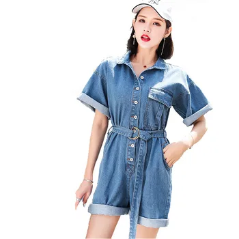 Plus size Female Short Sleeve denim Playsuits Summer Fashion Wide Leg Short Jeans Turn Down Collar One-piece Rompers with Belt
Plus size Female Short Sleeve denim Playsuits Summer Fashion Wide Leg Short Jeans Turn Down Collar One-piece Rompers with Belt