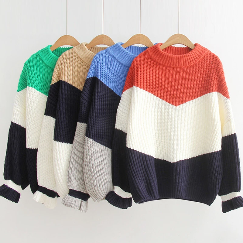 Fashion Women Casual Long Sleeve Knitted Sweater Pullover Loose Jumper Tops Knitwear Winter Color Patchwork O-neck Sweaters Hot | Женская