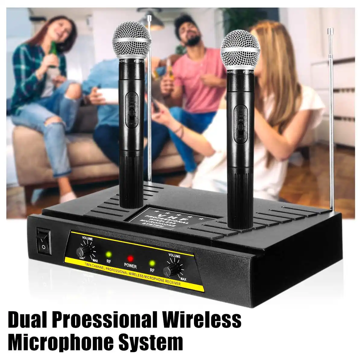 

Professional 2 Channel Wireless Microphone Speaker Cordless Handheld Microphone System KTV Karaoke Party Hand Mic VHF System