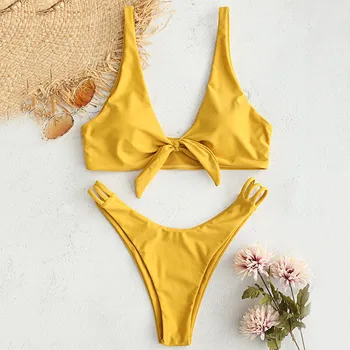 

ZAFUL Tie Front Swimsuits Women Thong solid Push Up Thong Bikini Set Plunging Neck Swimsuit Bow-knot Swimwear Brazilian Biquini