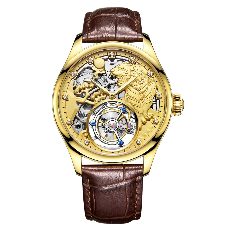 Customized Luxury Gold Tiger Dial Men Tourbillon Hollow Mechanical Watch Chronograph Analog Clock Leather Man Wrist Watches
Customized Luxury Gold Tiger Dial Men Tourbillon Hollow Mechanical Watch Chronograph Analog Clock Leather Man Wrist Watches