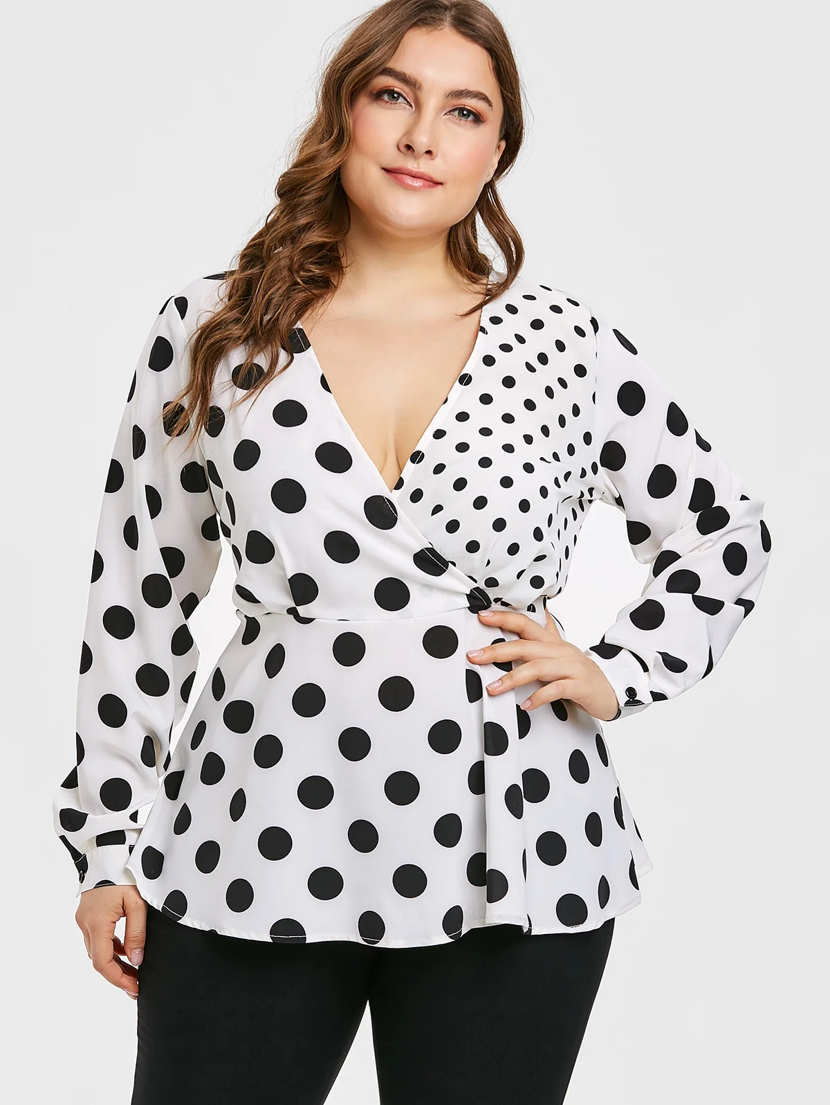 

Wipalo Women Plus Size 5XL Polka Dot Contrast Surplice Blouse V Neck Long Sleeves High Waist Casual Tee Ladies Spring Blusas Top