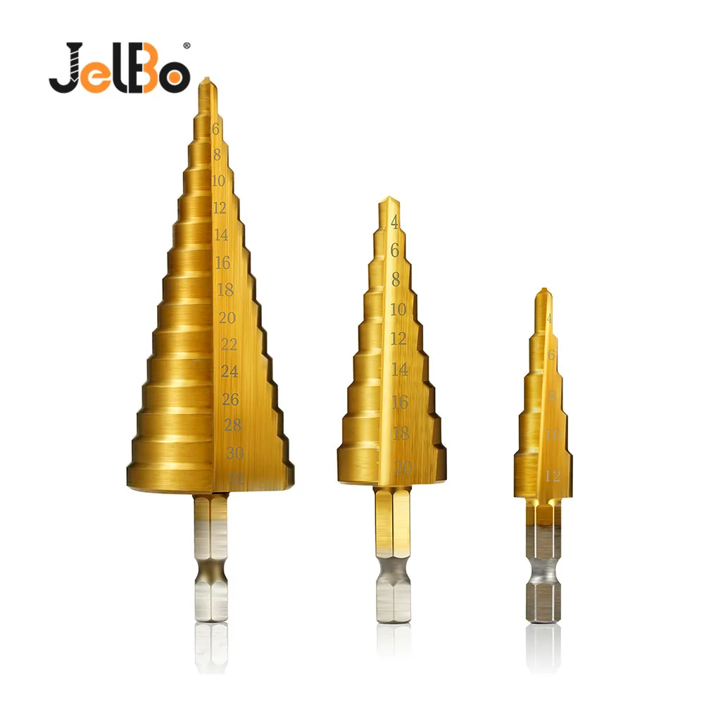 JelBo Step Drill Bit Set Titanium Coated HSS Metal Hex Shank Drill Bits by Power Tool for Wood, Metal (3Pcs/Set 4-12/20/32mm)
JelBo Step Drill Bit Set Titanium Coated HSS Metal Hex Shank Drill Bits by Power Tool for Wood, Metal (3Pcs/Set 4-12/20/32mm)