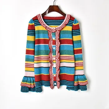 Runway Wool Cardigan Female 2018 New Lurex Ruffles Patchwork Flare Sleeve Sweet Vintage Stripes Women Sweater Knitted Top 
Runway Wool Cardigan Female 2018 New Lurex Ruffles Patchwork Flare Sleeve Sweet Vintage Stripes Women Sweater Knitted Top