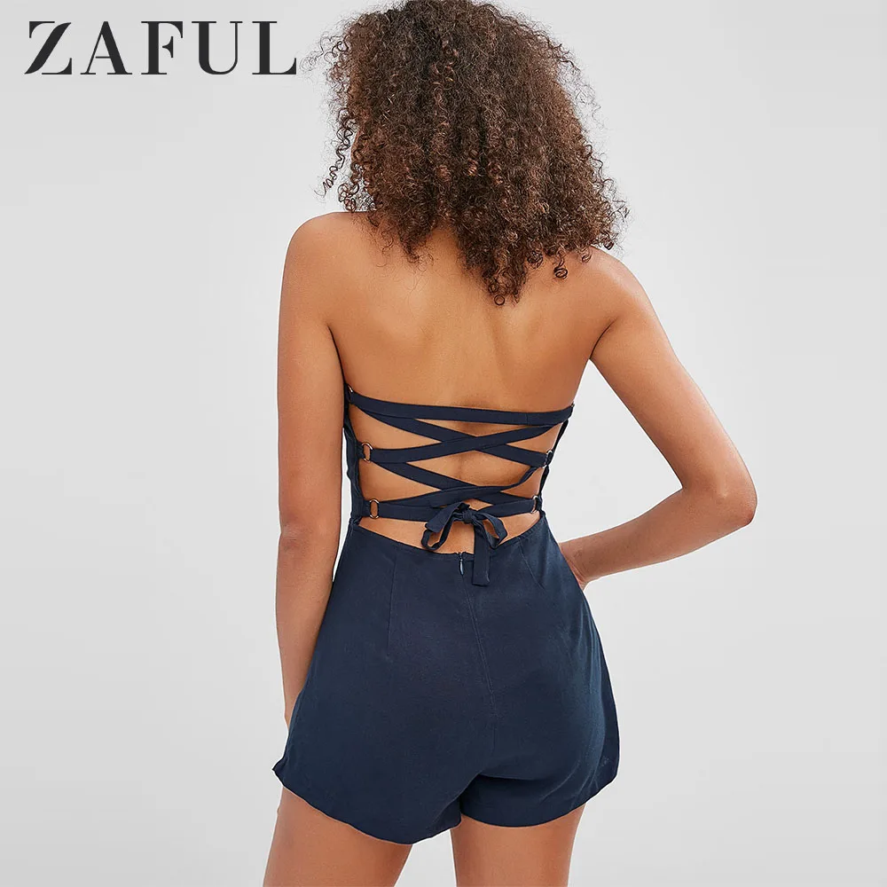 ZAFUL Bandeau Lace-Up Asymmetric Romper Rayon Sleeveless Bodysuits Lace Up Strapless Playsuits Solid Women Summer Clothes 2019
ZAFUL Bandeau Lace-Up Asymmetric Romper Rayon Sleeveless Bodysuits Lace Up Strapless Playsuits Solid Women Summer Clothes 2019