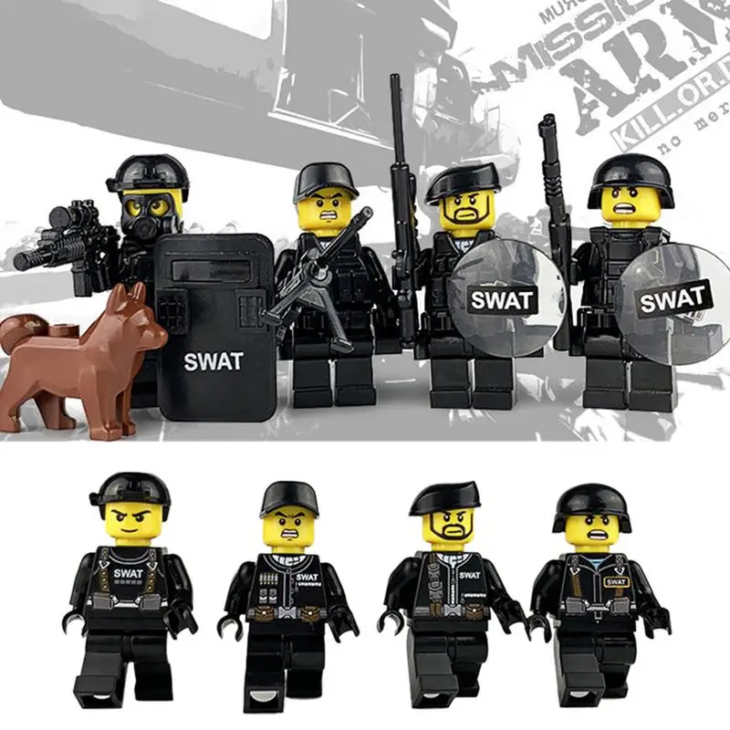 4PCs Black Special Weapons And Tactics Doll Ornaments with Equipment Mask Shield Brown Dog Building Blocks Toy for Children
4PCs Black Special Weapons And Tactics Doll Ornaments with Equipment Mask Shield Brown Dog Building Blocks Toy for Children