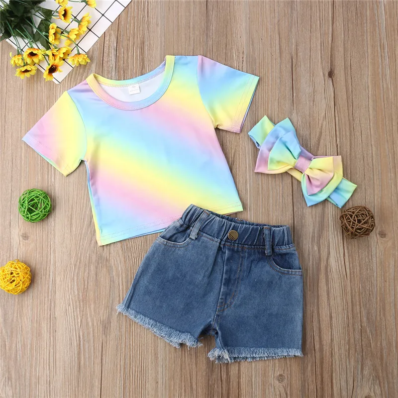 Baby Girls free shipping clothes Rainbow print Short Sleeve round neck Tops pocket Button Shorts Bow Headband 3pc Kids Outfit
Baby Girls free shipping clothes Rainbow print Short Sleeve round neck Tops pocket Button Shorts Bow Headband 3pc Kids Outfit