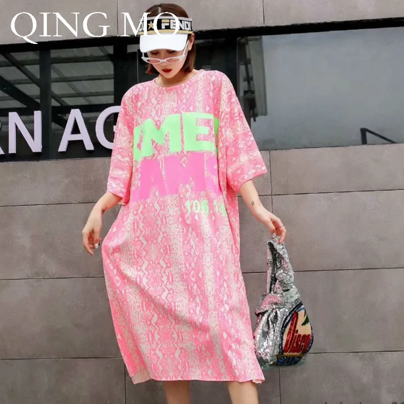 QING MO Blue Pink Green Women Summer Letter Print Dress Women Short Sleeve Mid-Calf Dress Women Plus Size Loose Dress ZQY417
QING MO Blue Pink Green Women Summer Letter Print Dress Women Short Sleeve Mid-Calf Dress Women Plus Size Loose Dress ZQY417