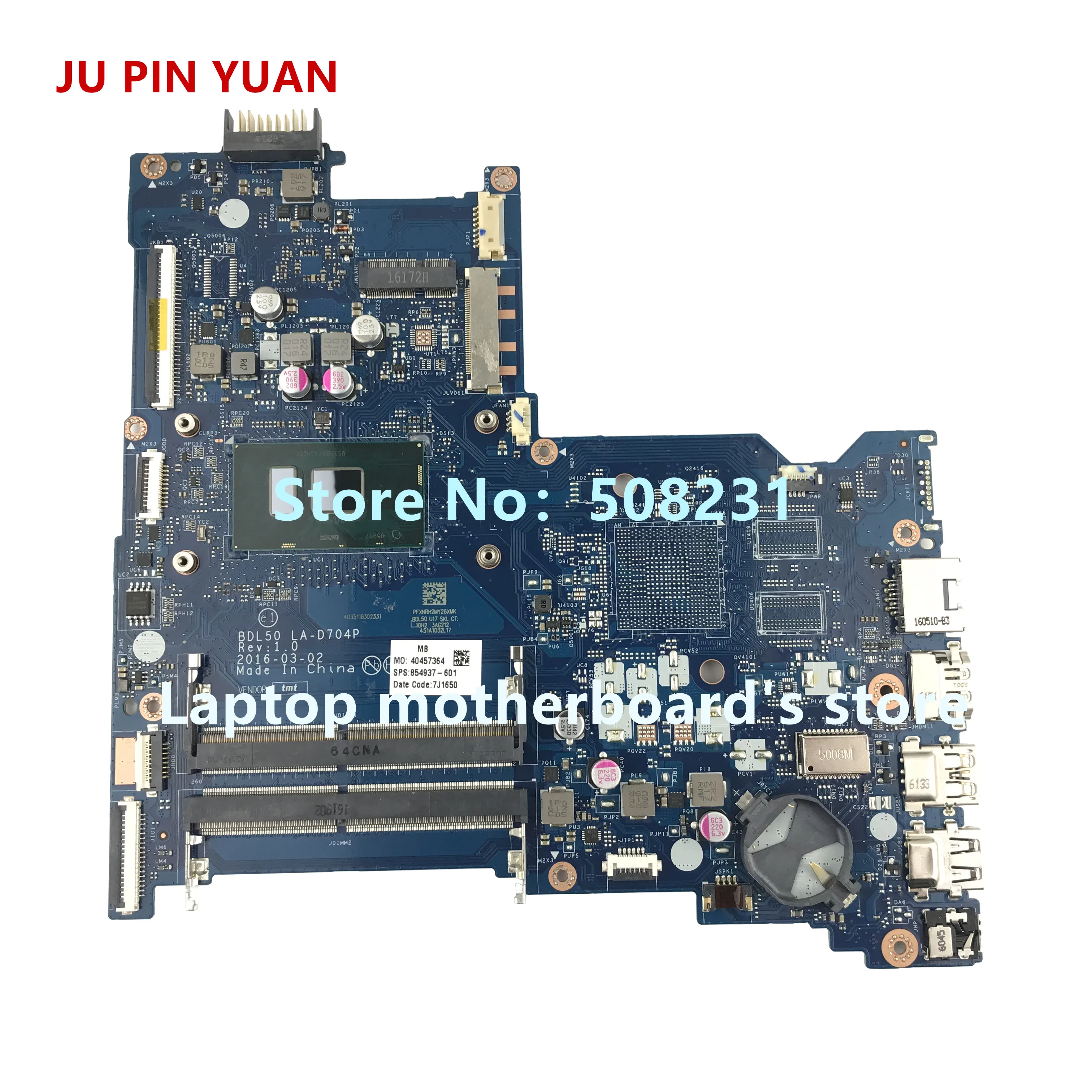 JU PIN YUAN 854937-601 854937-501 BDL50 LA-D704P mainboard for HP NOTEBOOK 15-AY 15-AY006CY Laptop motherboard with i5-6200U | Компьютеры