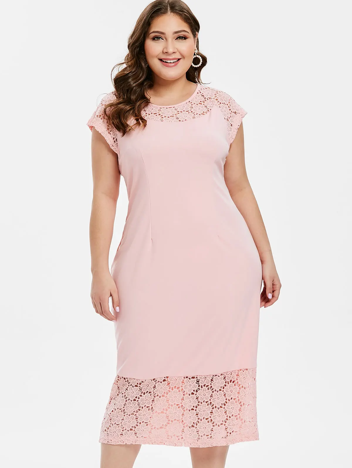 Wipalo Plus Size Summer Cap Sleeve Lace Panel Dress Women Party Dress