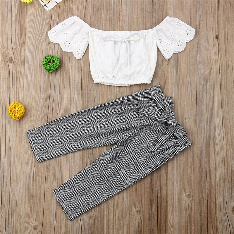 Fashion Kids Baby Girl Summer Clothing Sets Off Shoulder Lace Crop Tops Plaid Bow High Waist Long Pants 2Pcs Girl Outfits 2-7Y
Fashion Kids Baby Girl Summer Clothing Sets Off Shoulder Lace Crop Tops Plaid Bow High Waist Long Pants 2Pcs Girl Outfits 2-7Y