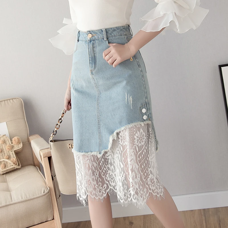 Light Blue Lace Splicing Denim Skirts Korean Fashion Women High Waist Jeans Skirts Solid Color Summer Saia
Light Blue Lace Splicing Denim Skirts Korean Fashion Women High Waist Jeans Skirts Solid Color Summer Saia