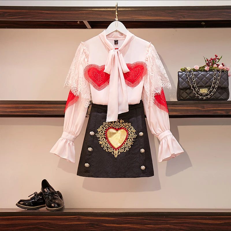 2019 Spring Summer Women 2 Pieces Set Long Sleeve Lace Ruffles Embroidery Heart Blouse Pink + Short Mini Skirts Black Suit
2019 Spring Summer Women 2 Pieces Set Long Sleeve Lace Ruffles Embroidery Heart Blouse Pink + Short Mini Skirts Black Suit