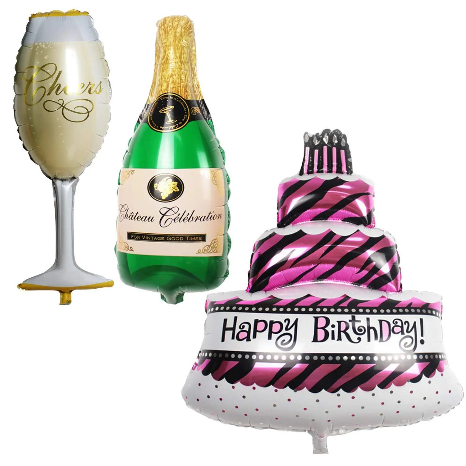 Large Birthday Party Balloons Set of 3 - Cake - Champagne, Bottle and Glass Shapes - By
Large Birthday Party Balloons Set of 3 - Cake - Champagne, Bottle and Glass Shapes - By
