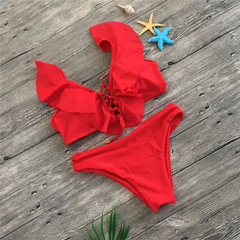 2019 Ruffles triangle swimsuit Women pure color bandage padded bikini set Summer biquinis 2pcs maillot de bain Bathing Beach New
2019 Ruffles triangle swimsuit Women pure color bandage padded bikini set Summer biquinis 2pcs maillot de bain Bathing Beach New
