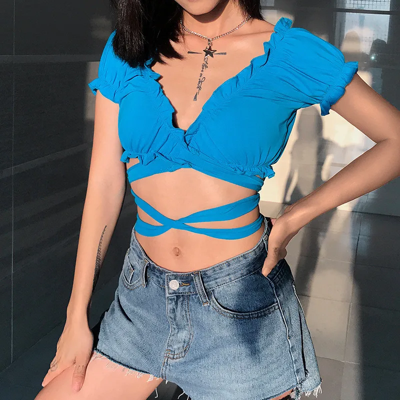 Women Summer T-shirt Skinny Sexy V-neck Short Cropped Umbilical Strap Top Female V-neck Solid Butterfly Sleeve T-shirt
Women Summer T-shirt Skinny Sexy V-neck Short Cropped Umbilical Strap Top Female V-neck Solid Butterfly Sleeve T-shirt