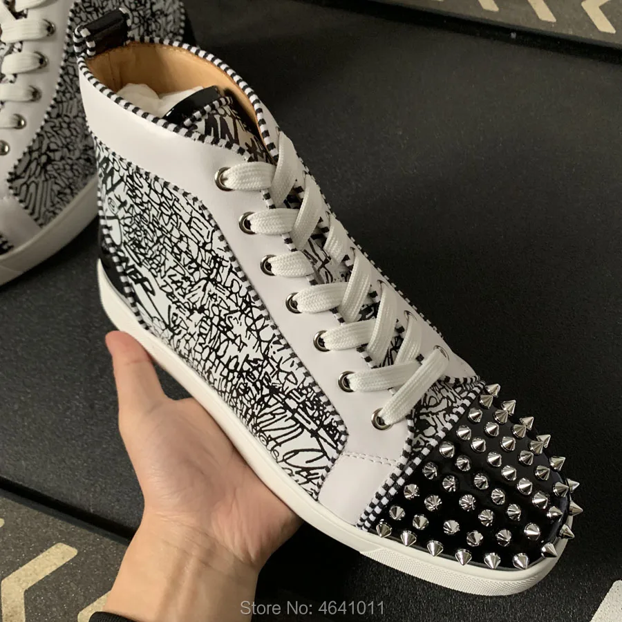 Luxury Lace Up cl andgz White Graffiti leather Red bottoms High Top For Men shoes Silver Rivet Front casual models Flat Loafers
Luxury Lace Up cl andgz White Graffiti leather Red bottoms High Top For Men shoes Silver Rivet Front casual models Flat Loafers