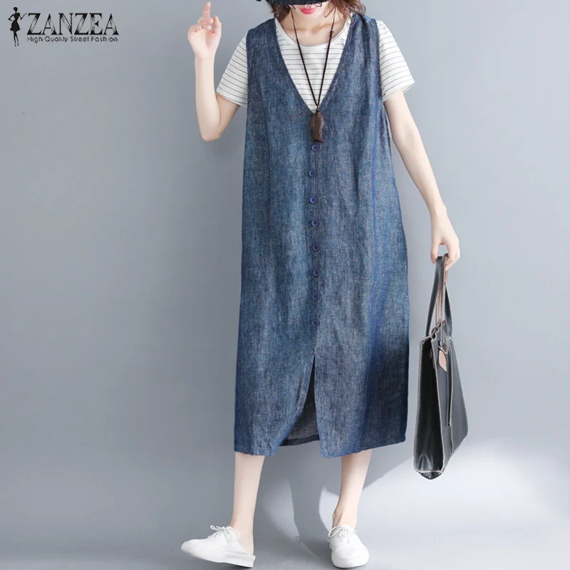 Vintage Women Sundress ZANZEA 2019 Summer Button Tank Dress V Neck Ovaralls Vestidos Split Midi Dress Plus Size Robe Femme 5XL
Vintage Women Sundress ZANZEA 2019 Summer Button Tank Dress V Neck Ovaralls Vestidos Split Midi Dress Plus Size Robe Femme 5XL