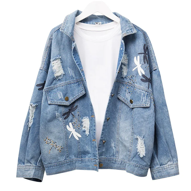 Boyfriend Loose Ripped Dragonfly Embroidery Women Denim Jackets Spring Streetwear Jeans Coat All-match Hole Outwear A9291
Boyfriend Loose Ripped Dragonfly Embroidery Women Denim Jackets Spring Streetwear Jeans Coat All-match Hole Outwear A9291