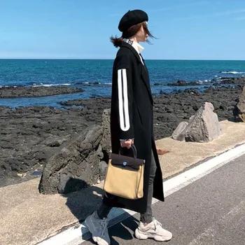 Fashion Striped Parka Winter Long-sleeved Woolen Coat Women's Slim Over The Knee Long Windbreaker Black Wool Overcoat Jacket 075 
Fashion Striped Parka Winter Long-sleeved Woolen Coat Women's Slim Over The Knee Long Windbreaker Black Wool Overcoat Jacket 075