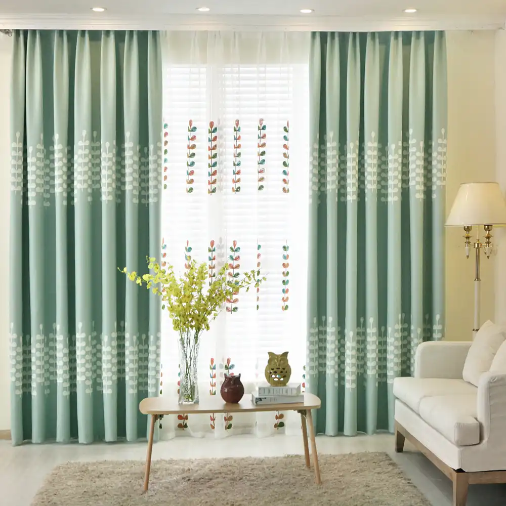 Modern Solid Leaves Embroidered Mint Blackout Curtains For Living