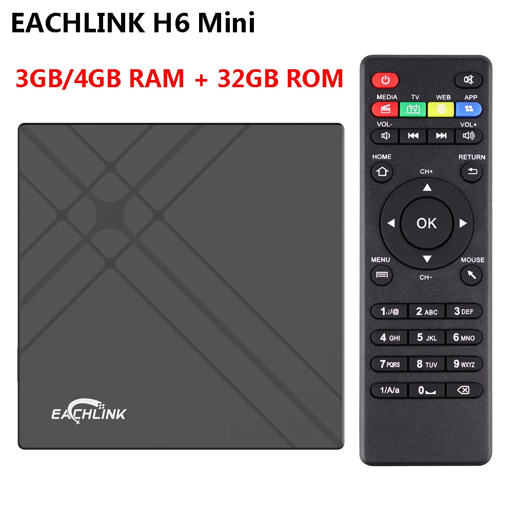 EACHLINK H6 Mini Smart TV Box Android 7.0 Android Tv Set Top Box 3/4GB 32GB 2.4G WiFi 100Mbps BT4.1 6K H.265 Box TV Smart media
EACHLINK H6 Mini Smart TV Box Android 7.0 Android Tv Set Top Box 3/4GB 32GB 2.4G WiFi 100Mbps BT4.1 6K H.265 Box TV Smart media