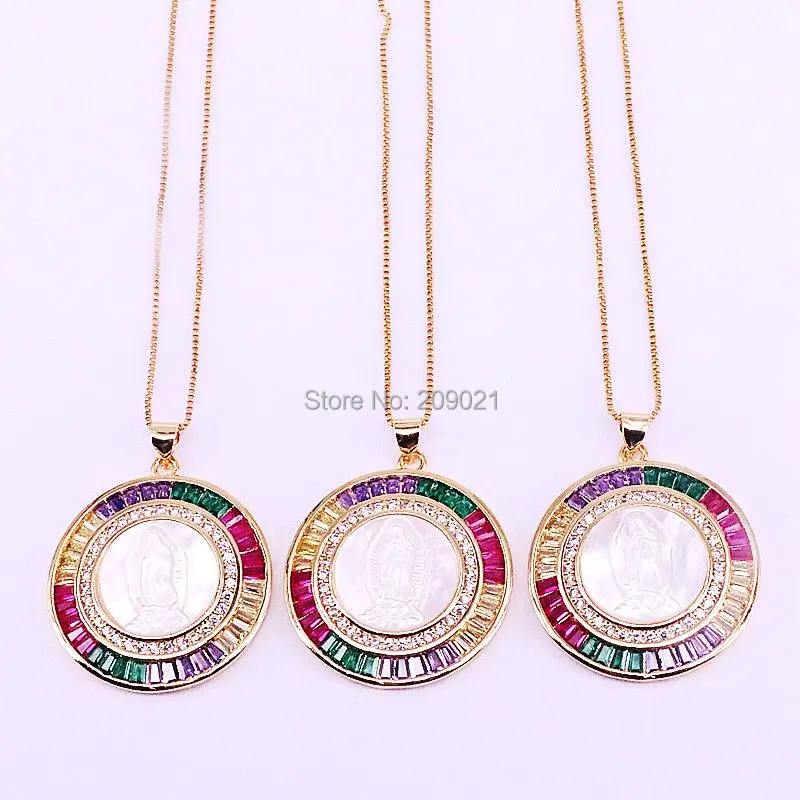5Pcs Sparking Rainbow Cubic zircon Micro Pave White Shell Jesus / Mary Round Pendant Necklace, Carved Shell Religious Charm
5Pcs Sparking Rainbow Cubic zircon Micro Pave White Shell Jesus / Mary Round Pendant Necklace, Carved Shell Religious Charm