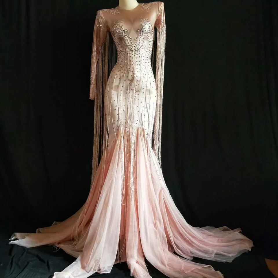 Wome Sexy Tassel Pink Long Dress Sparkly Rhinestone Women Evening Party Costume Nightclub Party Singer Performance Stage Wear
Wome Sexy Tassel Pink Long Dress Sparkly Rhinestone Women Evening Party Costume Nightclub Party Singer Performance Stage Wear