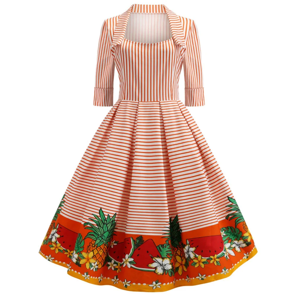 Summer Stripe Fruit Print Women Vintage Dress Pineapple Print Retro Women Dress Party Vestidos Square Collar Half Sleeves Dress 
Summer Stripe Fruit Print Women Vintage Dress Pineapple Print Retro Women Dress Party Vestidos Square Collar Half Sleeves Dress