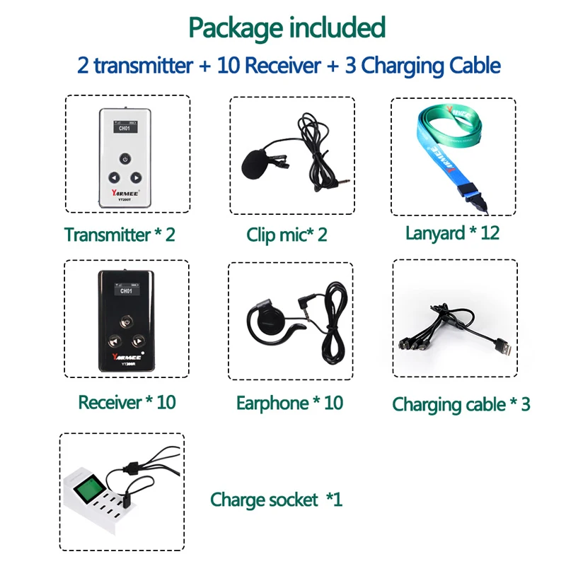 

YARMEE Audio Tour Guide System (2T+10R) Wireless Simultaneous Interpretation Translation System For Conference Travel Agency