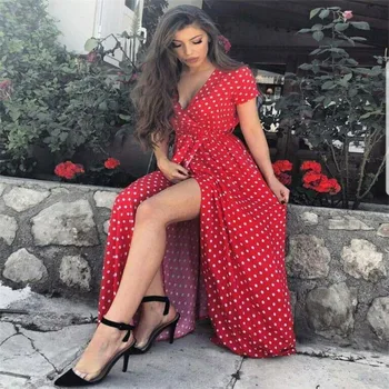 2019 Sexy Bohemian Maxi Dress Women Boho Wave Point Maxi V Neck Summer Long Beach Dress High Split Dresses Sundress Outfits
2019 Sexy Bohemian Maxi Dress Women Boho Wave Point Maxi V Neck Summer Long Beach Dress High Split Dresses Sundress Outfits