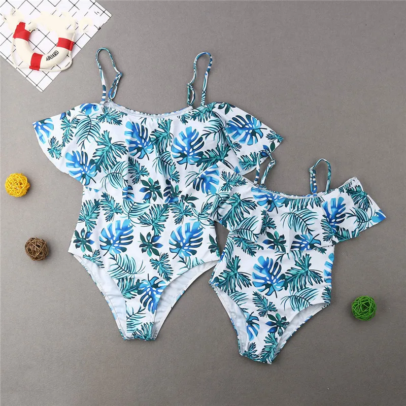 Mommy and Daughter Swimsuits Beach Bikini One Piece Print Ruffles Bathing Suit Family Matching Swimwear Strap Off Shoulder | Спорт и