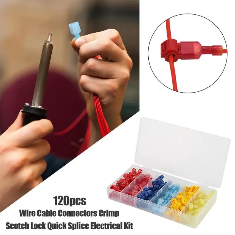 120pcs Wire Cable Connectors T-shape Terminals Crimp Scotch Lock Quick Splice Electrical 22-10AWG 0.5mm-4mm Kit Tool Set
120pcs Wire Cable Connectors T-shape Terminals Crimp Scotch Lock Quick Splice Electrical 22-10AWG 0.5mm-4mm Kit Tool Set
