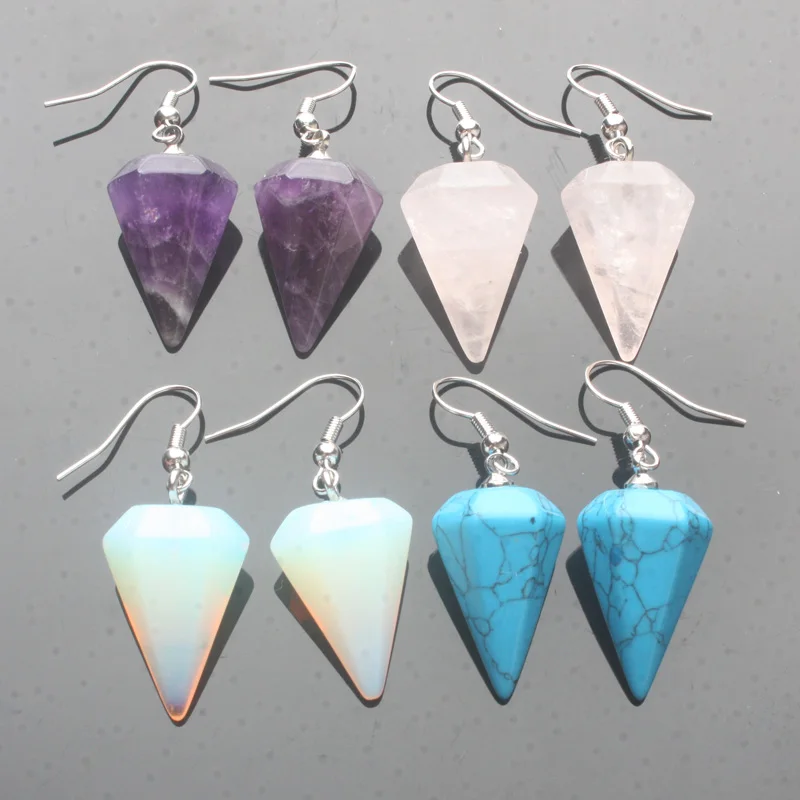 

14X22MM Hexagon Faceted Cone Amethysts Clear Crystal Lapis Turquoises Opal Rose Pink Quartz Tiger Eye Onyx Drop Earrings 1 Pair