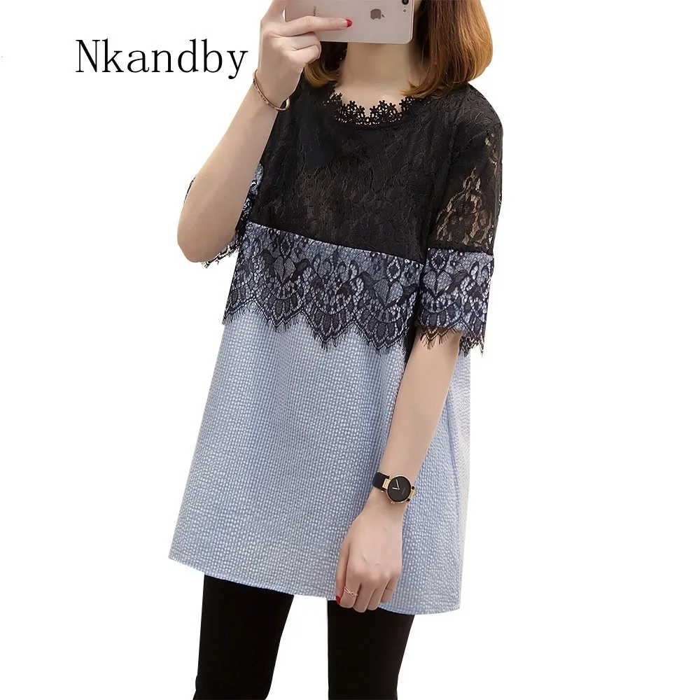 Nkandby Plus size Top Summer Clothing Korean Women Loose Lace Patchwork Short sleeve Plaid 5XL 4XL Oversize Blue Long Shirt Tees
Nkandby Plus size Top Summer Clothing Korean Women Loose Lace Patchwork Short sleeve Plaid 5XL 4XL Oversize Blue Long Shirt Tees