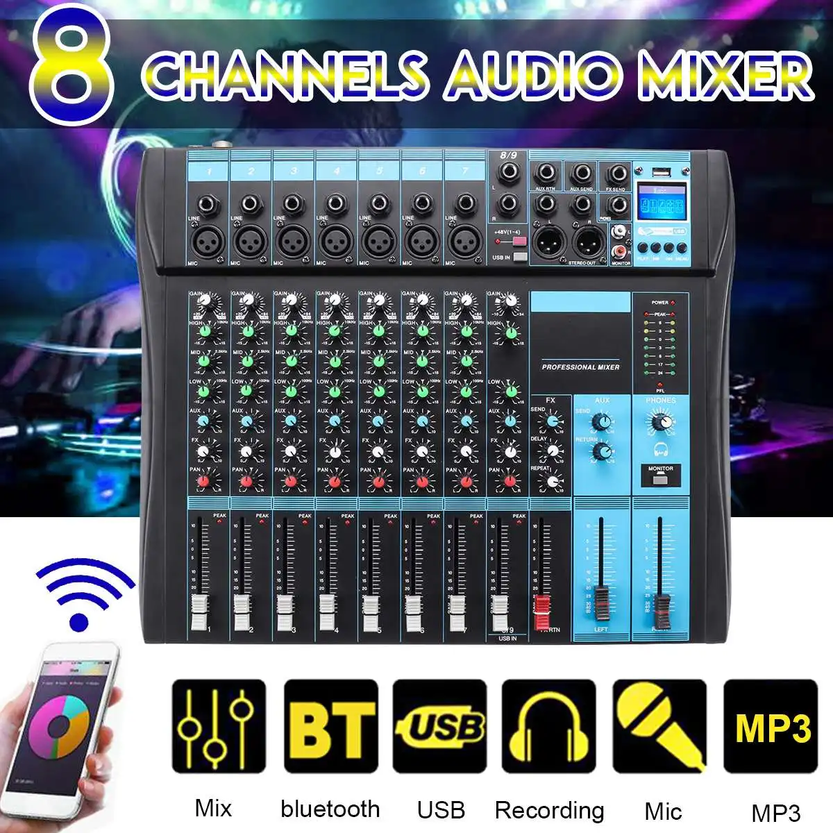 8 Channel DJ Sound Mixer with bluetooth Record Professional Live Studio Audio Blue Mixing Console 48V Phantom Power USB Jack
8 Channel DJ Sound Mixer with bluetooth Record Professional Live Studio Audio Blue Mixing Console 48V Phantom Power USB Jack