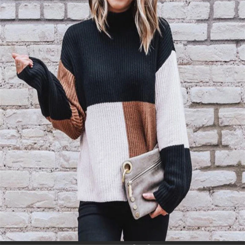 Oversize Winter Women Contrast Color Long Sleeve Sweater and Pullover Female Autumn Knitted Patchwork O Neck | Женская одежда