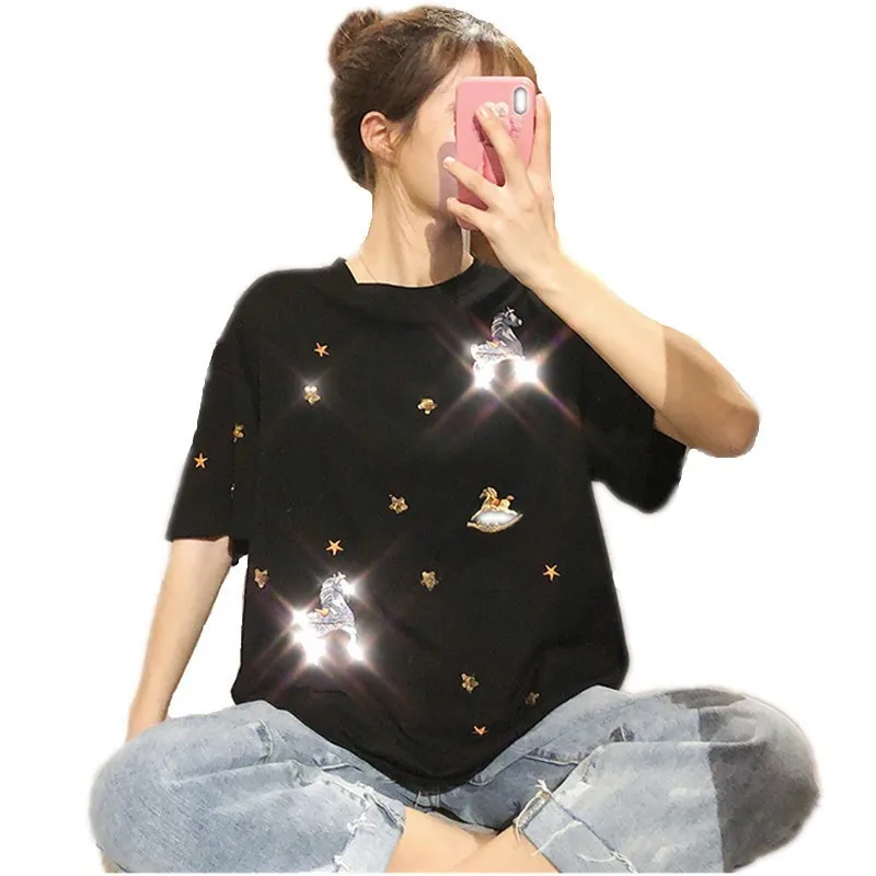 Women Carousel Embroidery Stars Beading Cute T-shirt Half Sleeves Shiny Tee Shirts Tops Summer Girls Weekend Casual Streetwear
Women Carousel Embroidery Stars Beading Cute T-shirt Half Sleeves Shiny Tee Shirts Tops Summer Girls Weekend Casual Streetwear