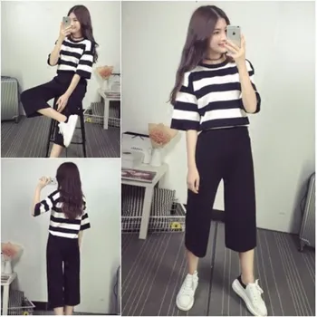 Summer Suit-dress New Pattern Korean Fashion Student Stripe Short Sleeve T Shirt Wide Leg Pants Twinset 2 Piece Set Women
Summer Suit-dress New Pattern Korean Fashion Student Stripe Short Sleeve T Shirt Wide Leg Pants Twinset 2 Piece Set Women