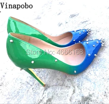 

Hot Selling Gradient Color Spikes Women Pumps Patent Leather Stilettos Heels Rivets Shoes Party Dress Pump High Heel Ladies Shoe