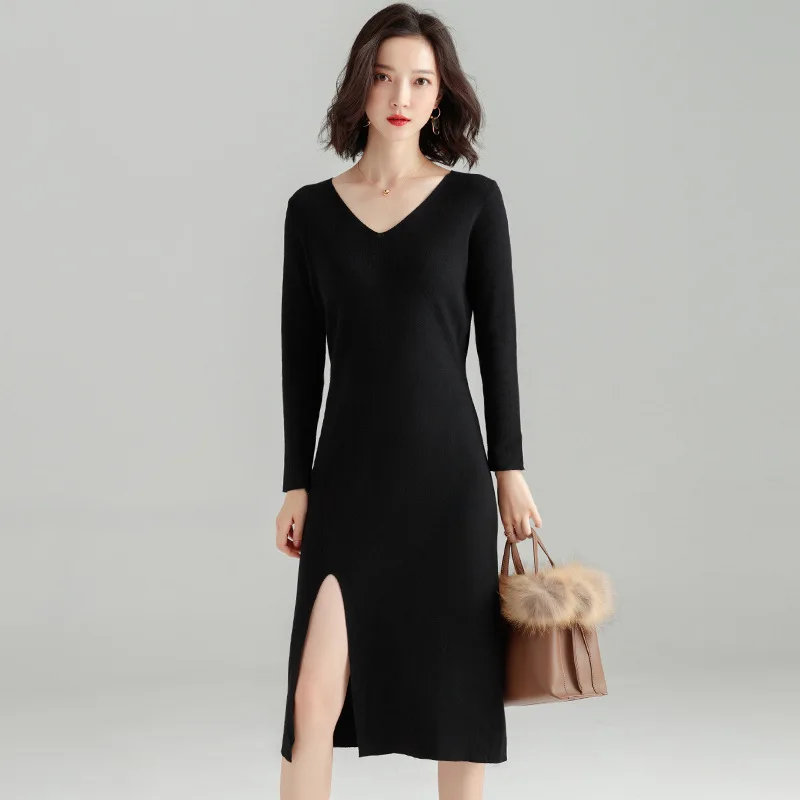 Women's v-neck sweater dress autumn and winter stretch slim bottoming dress split long overknee package hip knitting dress h9068
Women's v-neck sweater dress autumn and winter stretch slim bottoming dress split long overknee package hip knitting dress h9068