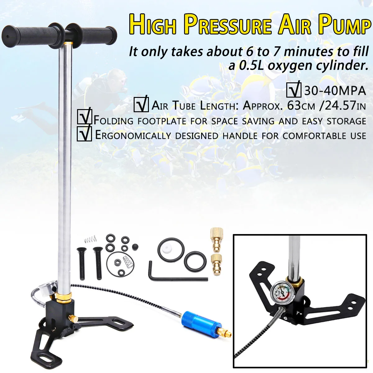 Manual Scuba Diving Oxygen Cylinder High Pressure Air Pump Swimming Dive Portable Inflator with Pressure Gauge
Manual Scuba Diving Oxygen Cylinder High Pressure Air Pump Swimming Dive Portable Inflator with Pressure Gauge