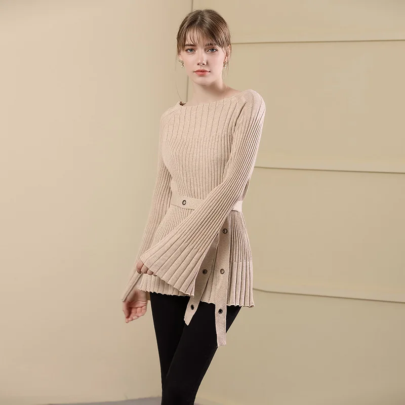 Women's new slash neck knitted tops solid color long-sleeved sweater flare sleeves long sweater women autumn and winter 18069
Women's new slash neck knitted tops solid color long-sleeved sweater flare sleeves long sweater women autumn and winter 18069