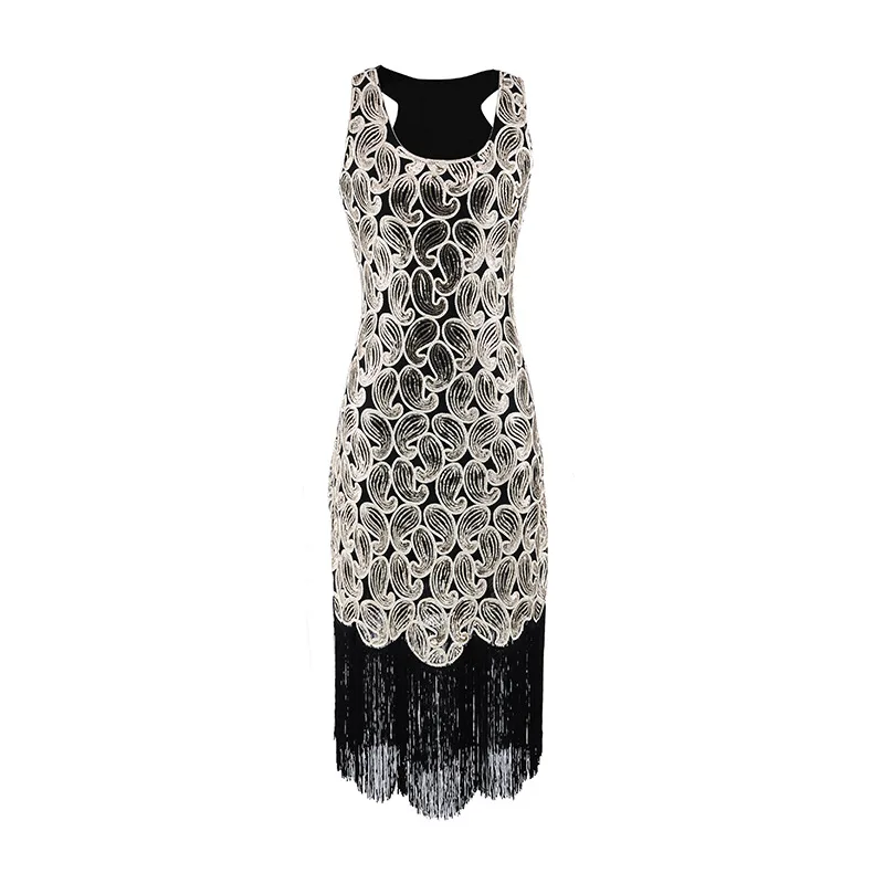Women's 2019 Sequin dresses Paisley Pattern Sleeveless Racer Back Flapper Black Gold Dress Sexy Fringe Great Gatsby Party | Женская