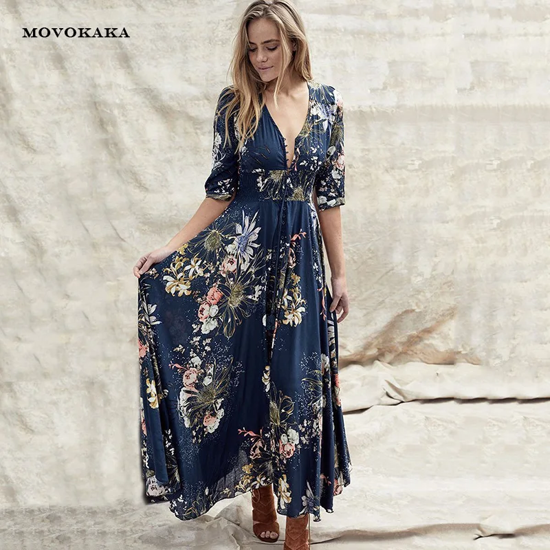 Hot Boho Summer Button Dress Women Beach Floral Three Quarter Dresses Elegant Casual Dress Women Party Night Long Dresses Womens
Hot Boho Summer Button Dress Women Beach Floral Three Quarter Dresses Elegant Casual Dress Women Party Night Long Dresses Womens
