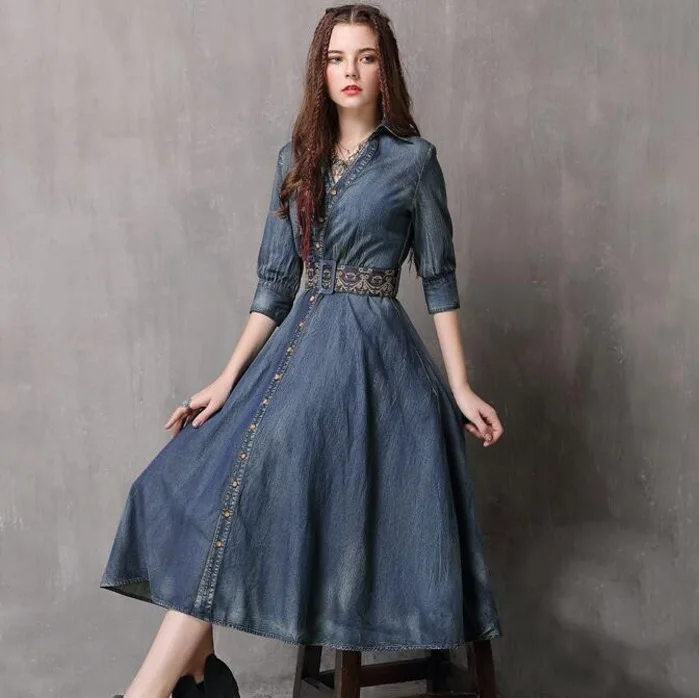 #2409 Spring Autumn Irregular Denim Dress Women Vintage With Belt Embroidery Half Sleeve Ruffles Hemline V-neck Single Breasted
#2409 Spring Autumn Irregular Denim Dress Women Vintage With Belt Embroidery Half Sleeve Ruffles Hemline V-neck Single Breasted