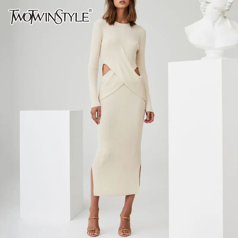 TWOTWINSTYLE Knitting Dress Female O Neck Long Sleeve Hollow Out Waist Cross Dresses Women 2019 Spring Casual Fashion Clothes
TWOTWINSTYLE Knitting Dress Female O Neck Long Sleeve Hollow Out Waist Cross Dresses Women 2019 Spring Casual Fashion Clothes